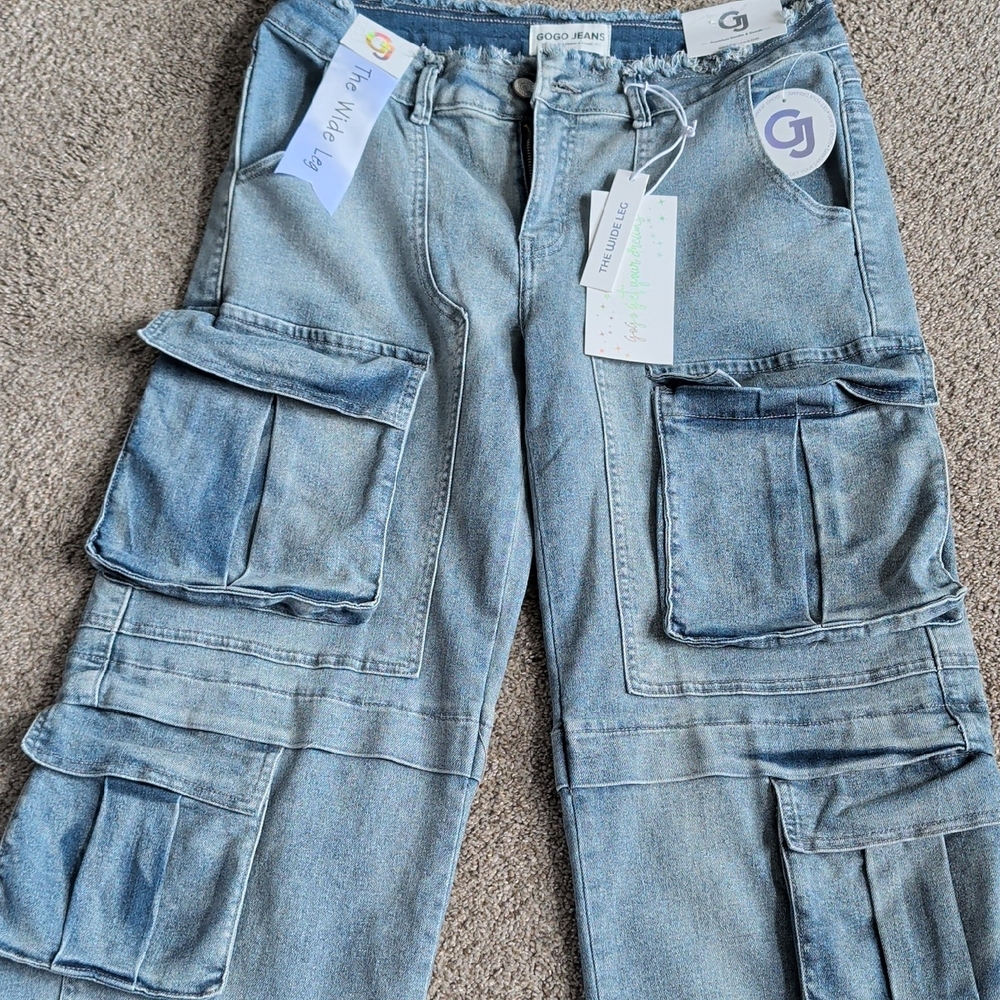 Wide Leg Cargo Jeans in Light Blue - Women's Flare & Wide Leg